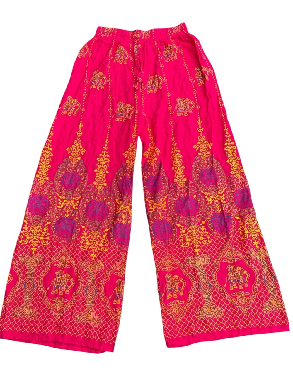 Vibrant Pink/Blue/Gold Indian Motif Elephant Print Boho Palazzo Pant (XS/S)